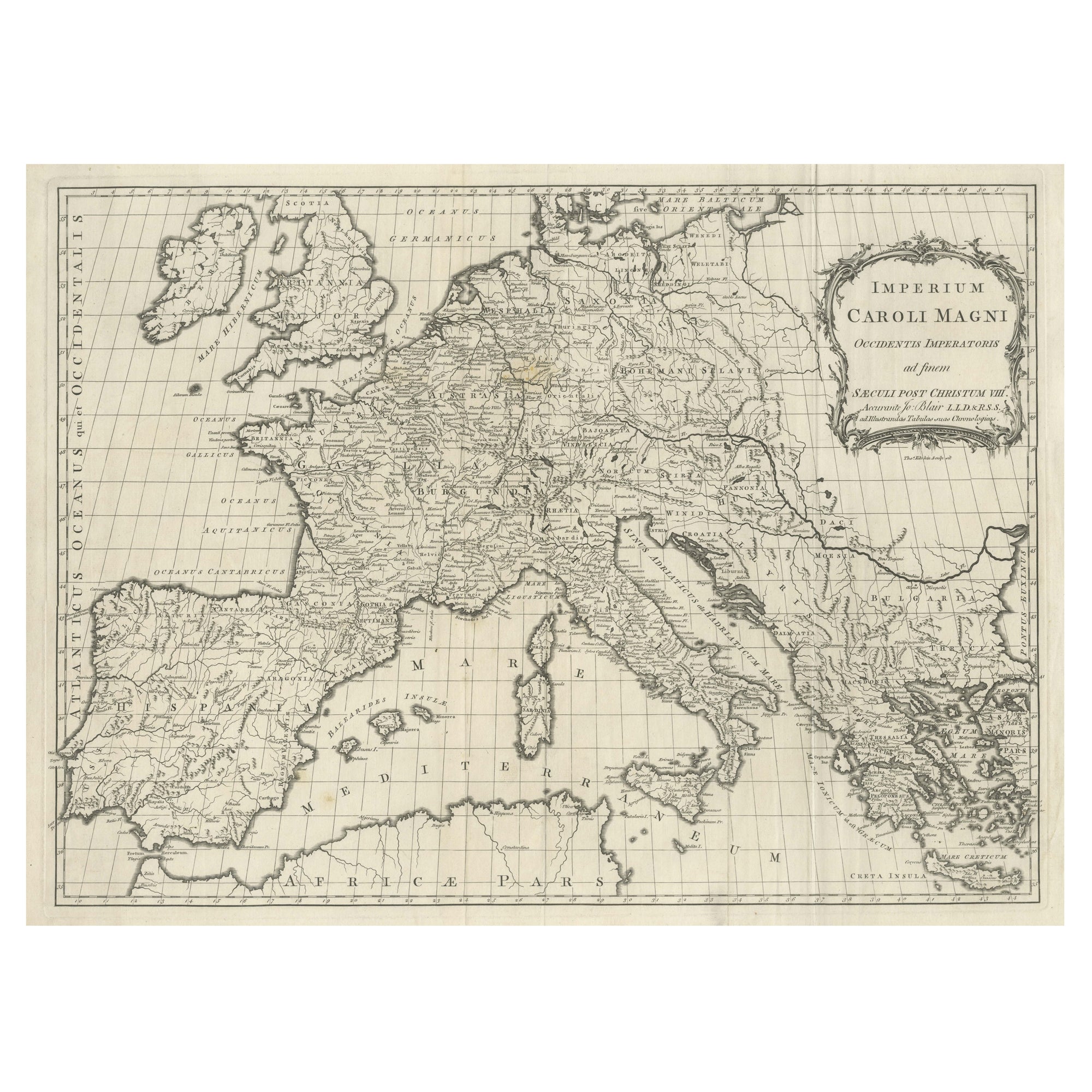 Große antike Karte von Europa, die das Empire von Charlemagne zeigt