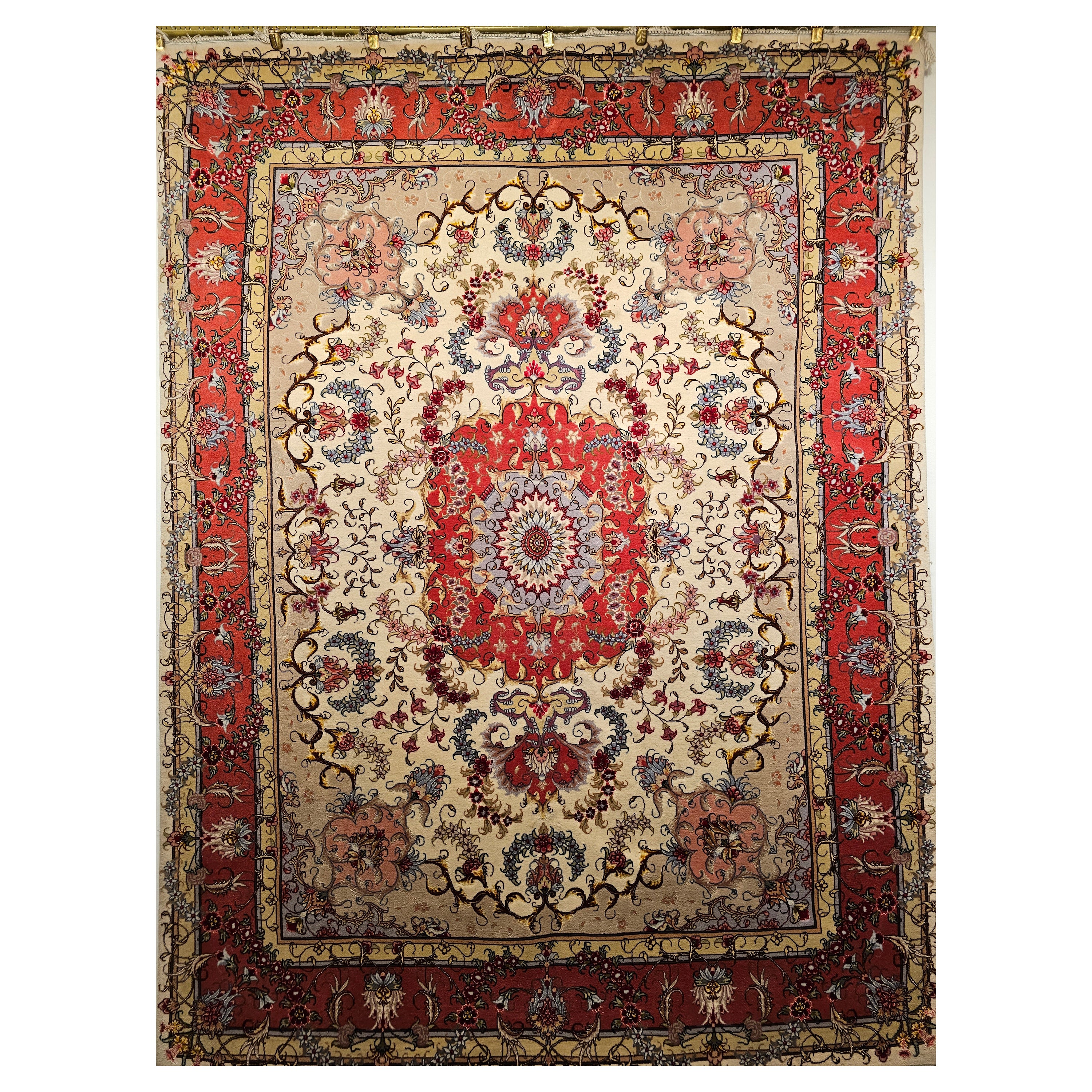 Vintage Persian Tabriz Area Rug in Floral Pattern in Ivory, Salmon, Taupe, Blue