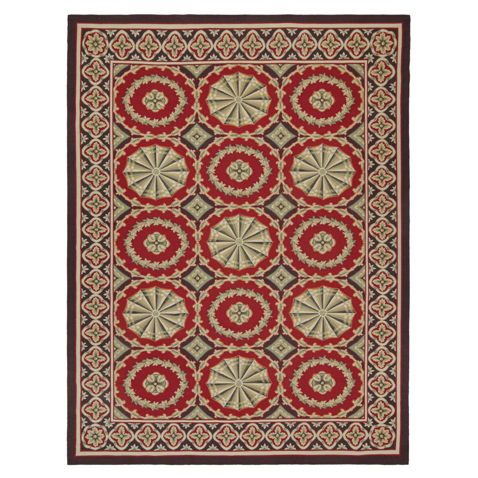 Aubusson Style Flatweave in Red with Medallions and Floral Pattern For Sale