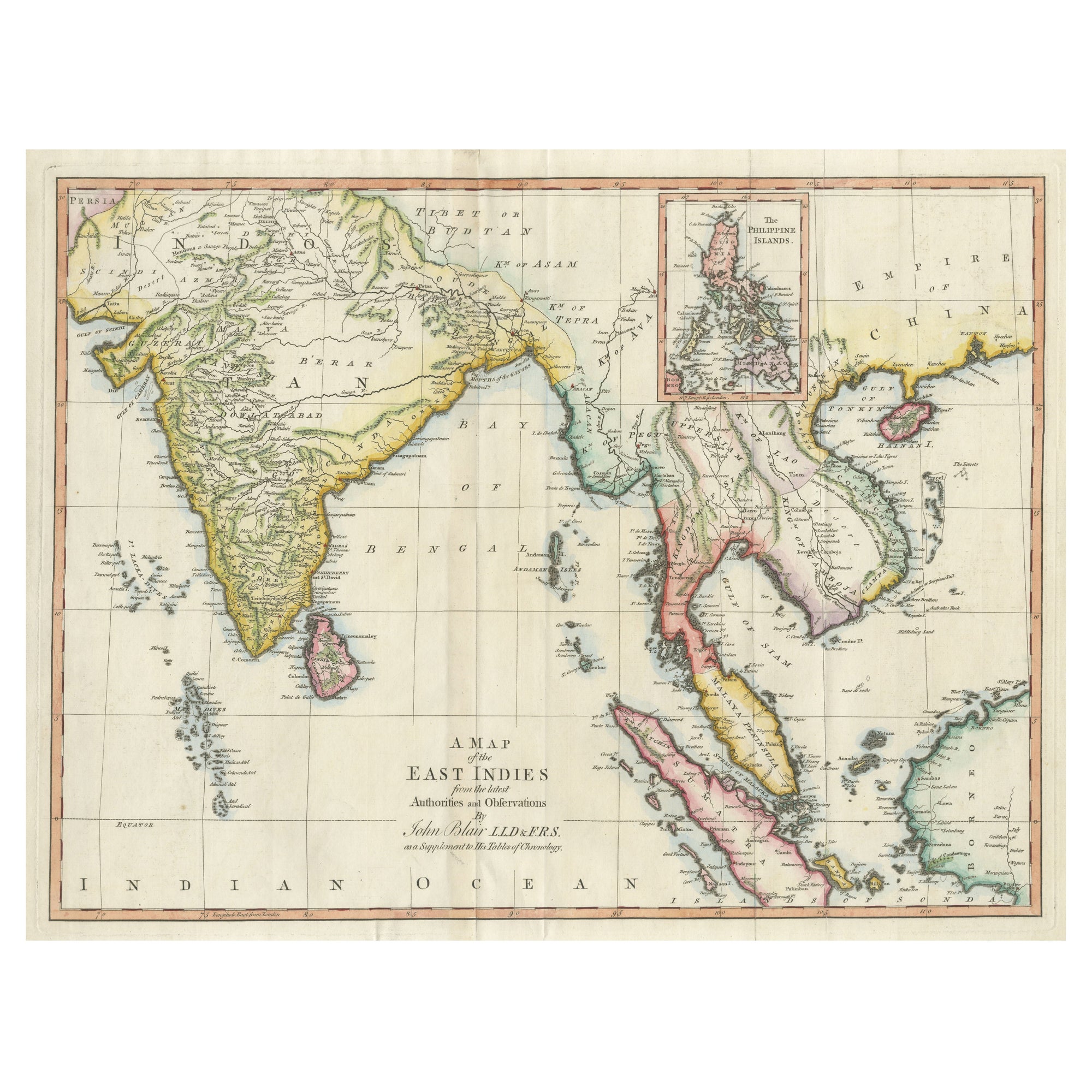 Grande carte ancienne des Antiquités des Indes orientales, avec incrustation des Philippines