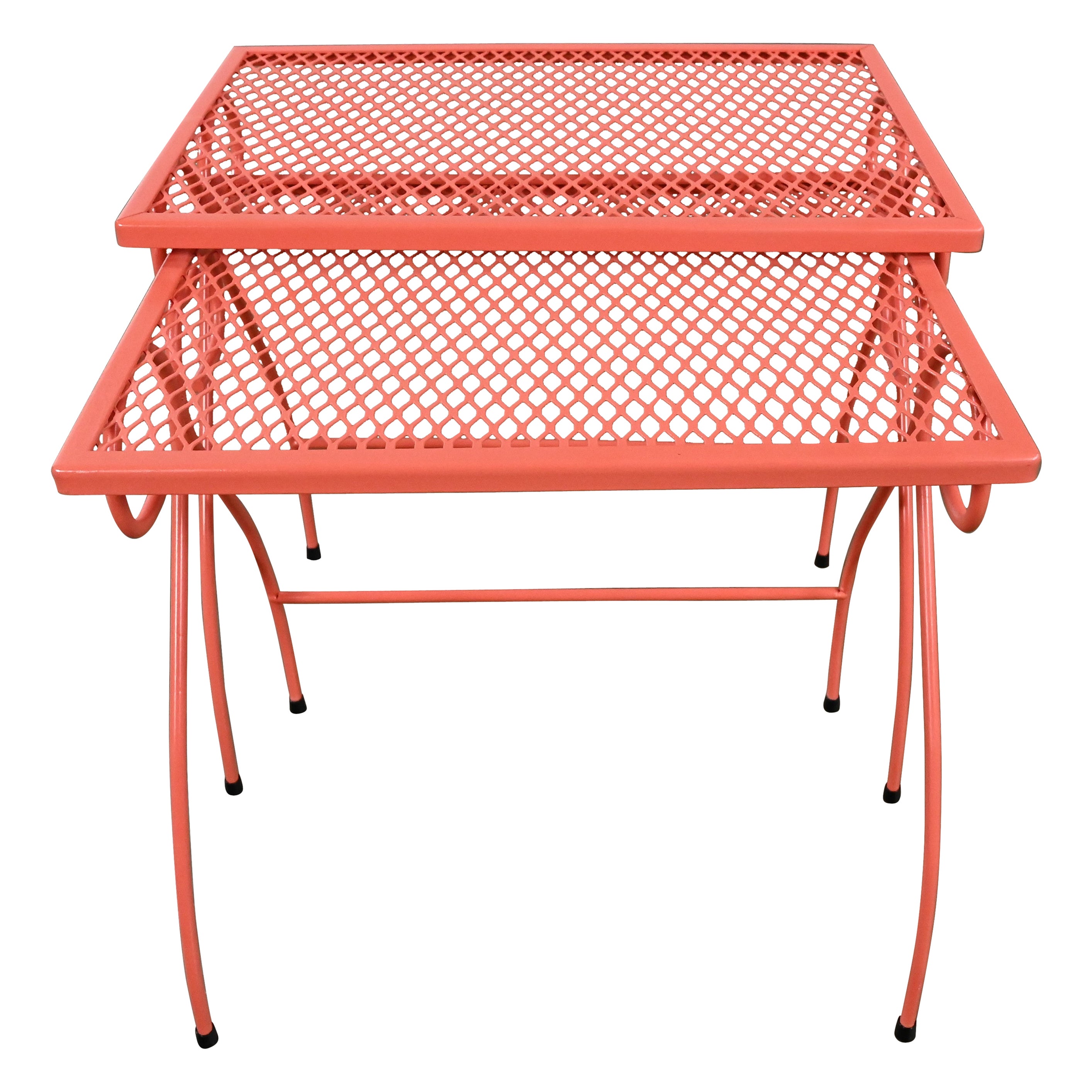 Pr MCM Coral Painted Outdoor Nesting Side Tables Metal Wire & Expanded Metal Top