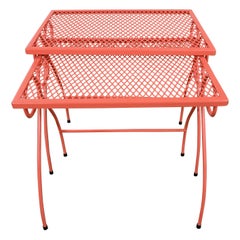 Used Pr MCM Coral Painted Outdoor Nesting Side Tables Metal Wire & Expanded Metal Top