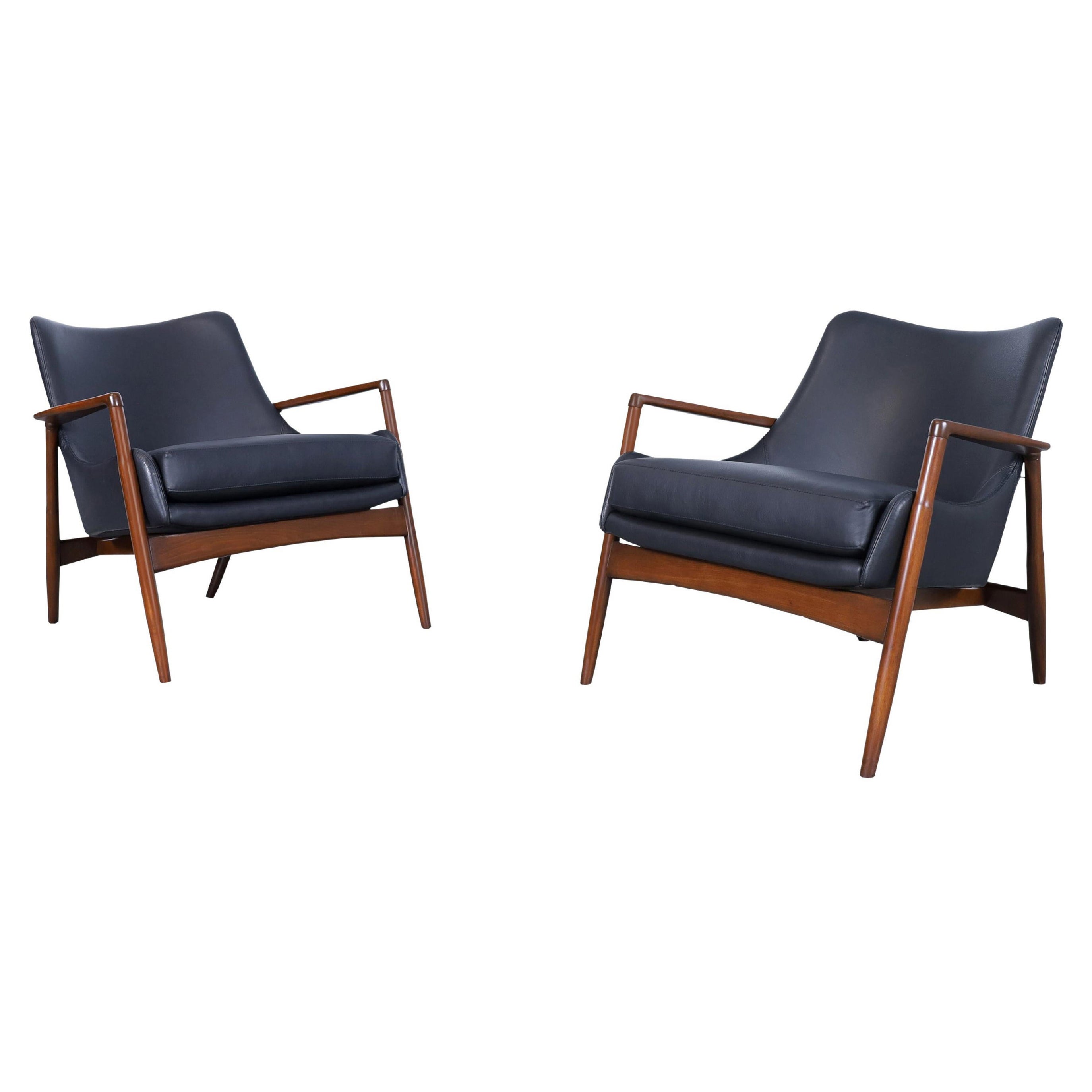 Danish Modern Leather Lounge Chairs by Ib Kofod Larsen for Selig