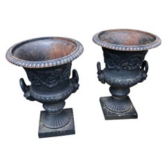 Large Capagna Form Pair of Black Cast Iron Planters Urns