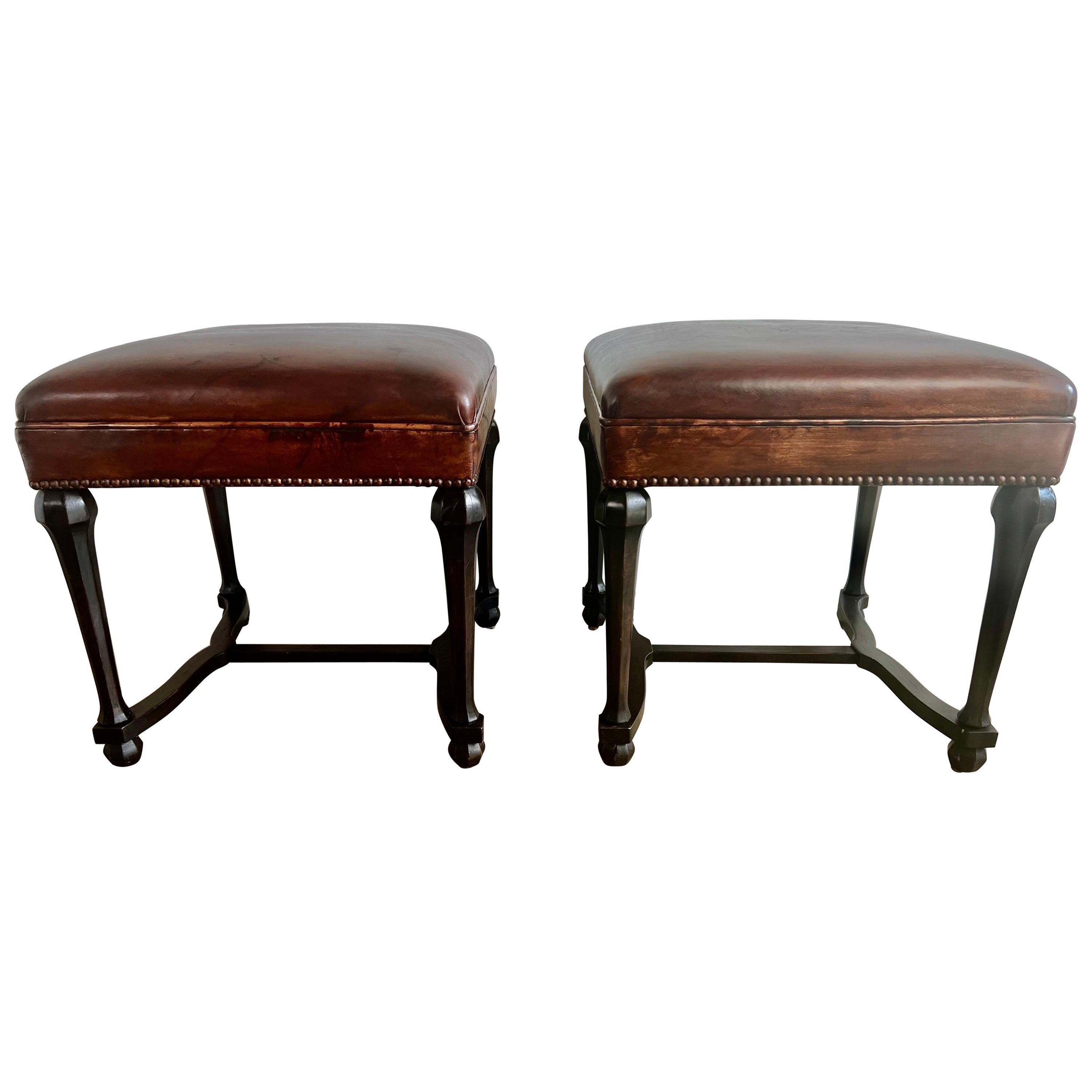 Pair of English Charles II Leather Upholstered Benches