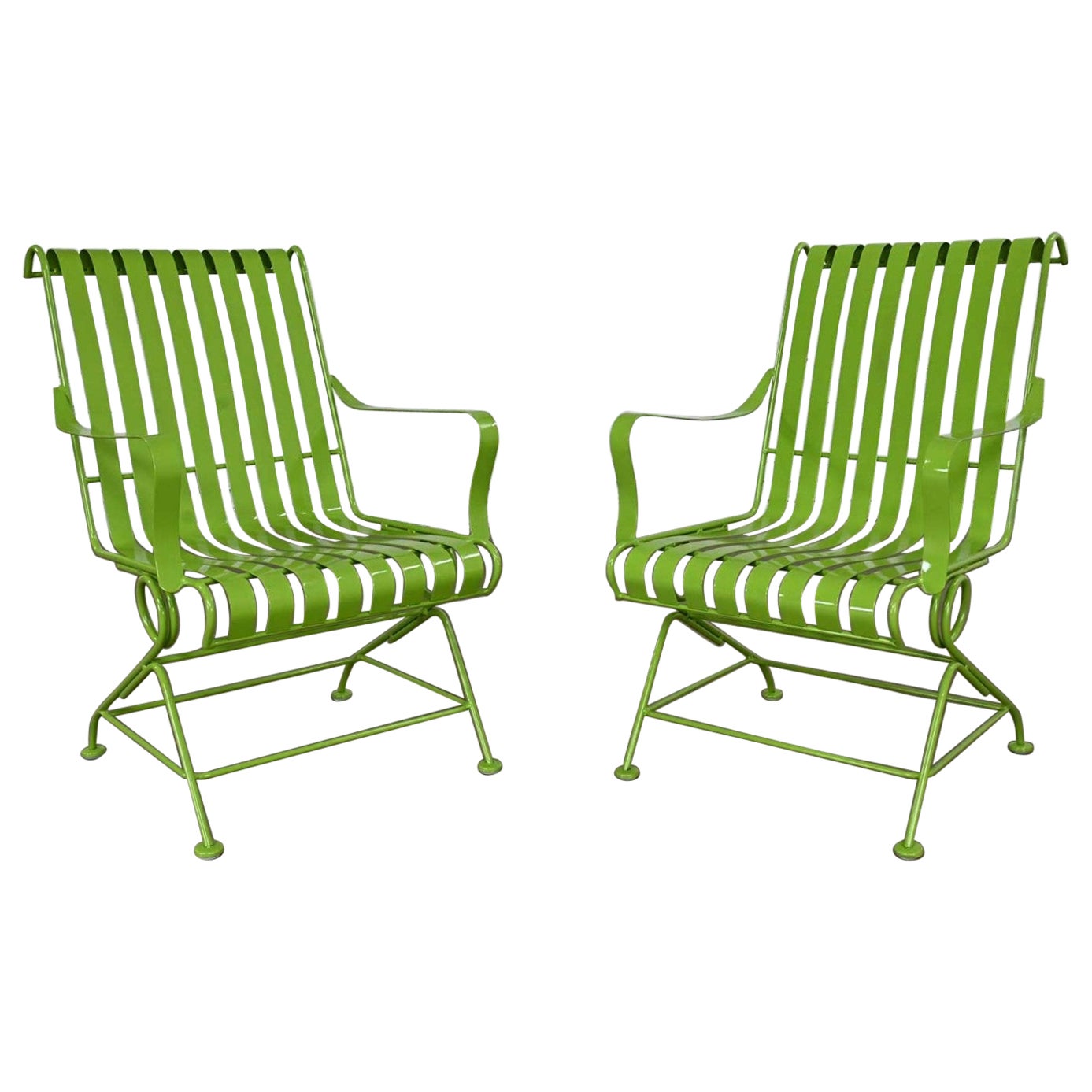 MCM Tropical Leaf Green Painted Metal Outdoor Slatted Springer Chairs a Pair For Sale