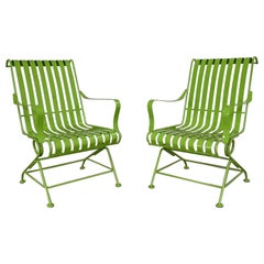 MCM Tropical Leaf Green Painted Metal Outdoor Slatted Springer Chairs a Pair
