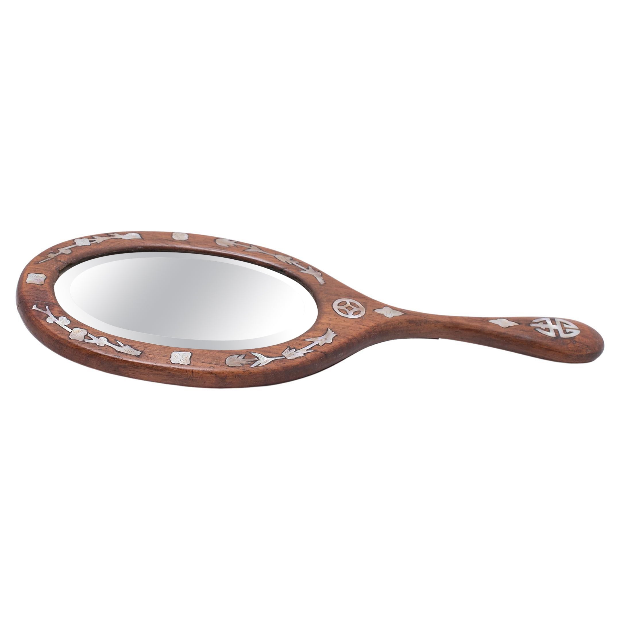Chinese Oval Hand Mirror with Mother of Pearl Inlay, c. 1930 For Sale