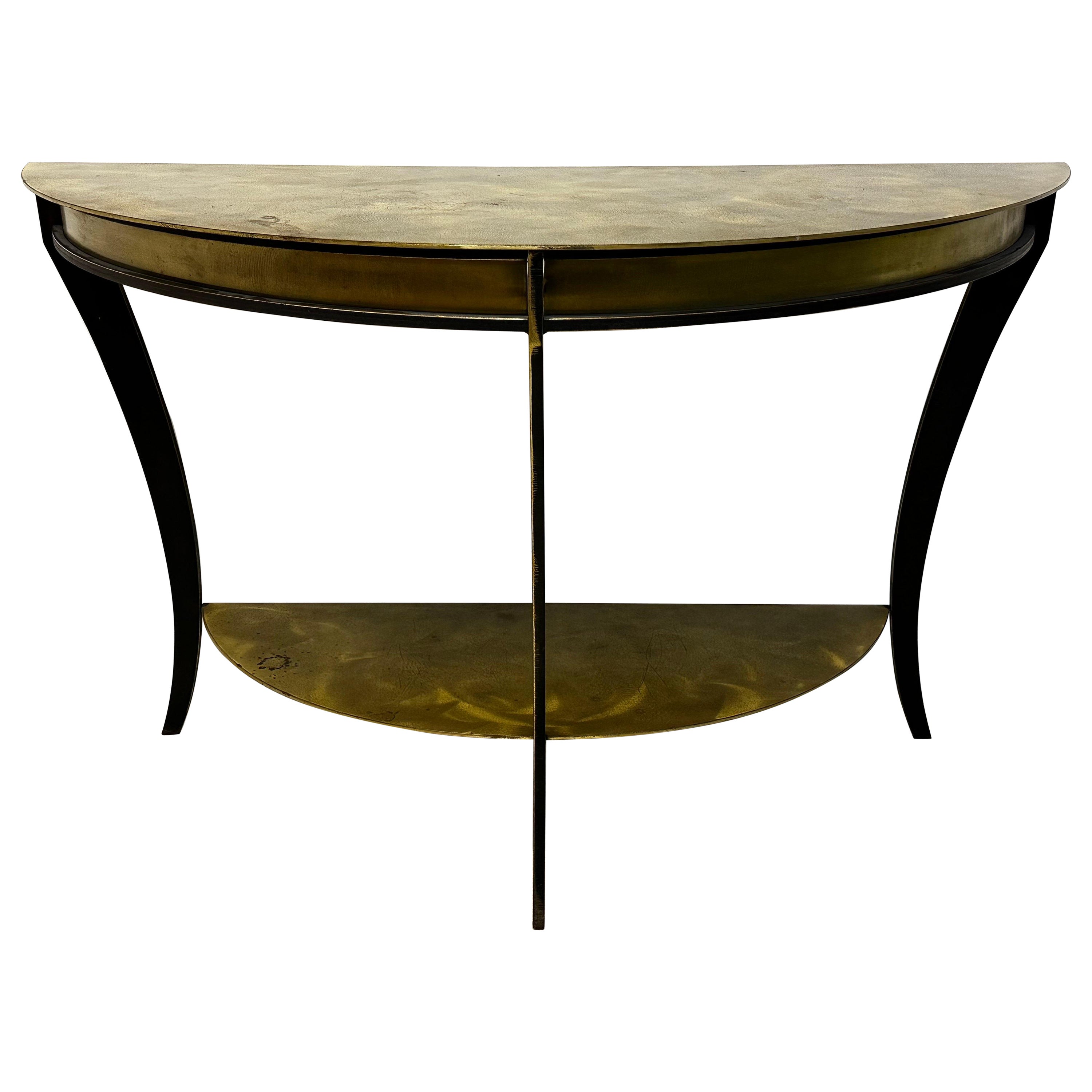 American Modern Welded Steel and Brass Demiline Console Table For Sale