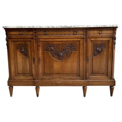 19th Century French Carved Walnut Roses Buffet with Marble Top