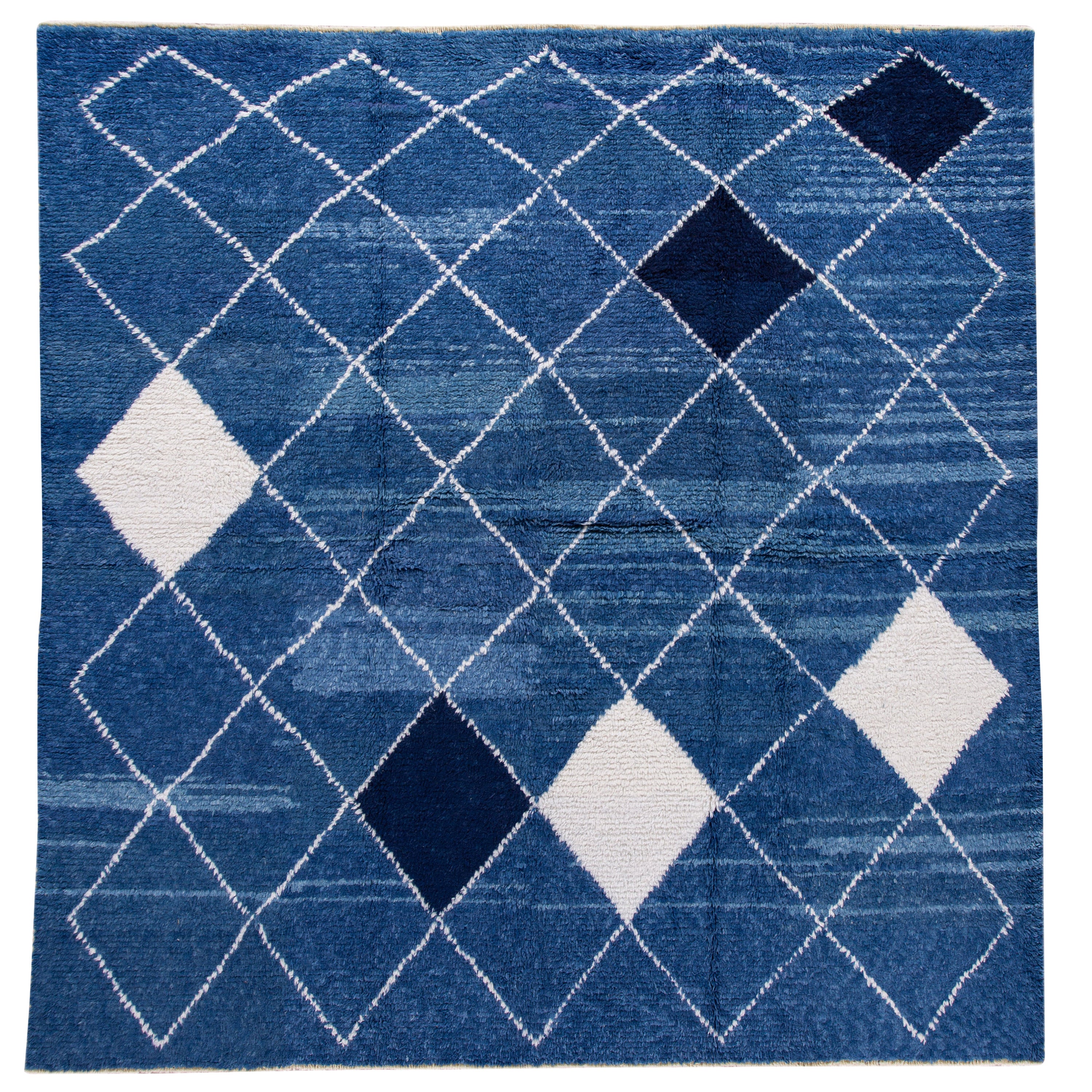 Modern Moroccan Tribal Style Square Wool Rug Handmade in Blue For Sale