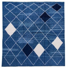 Modern Moroccan Tribal Style Square Wool Rug Handmade in Blue