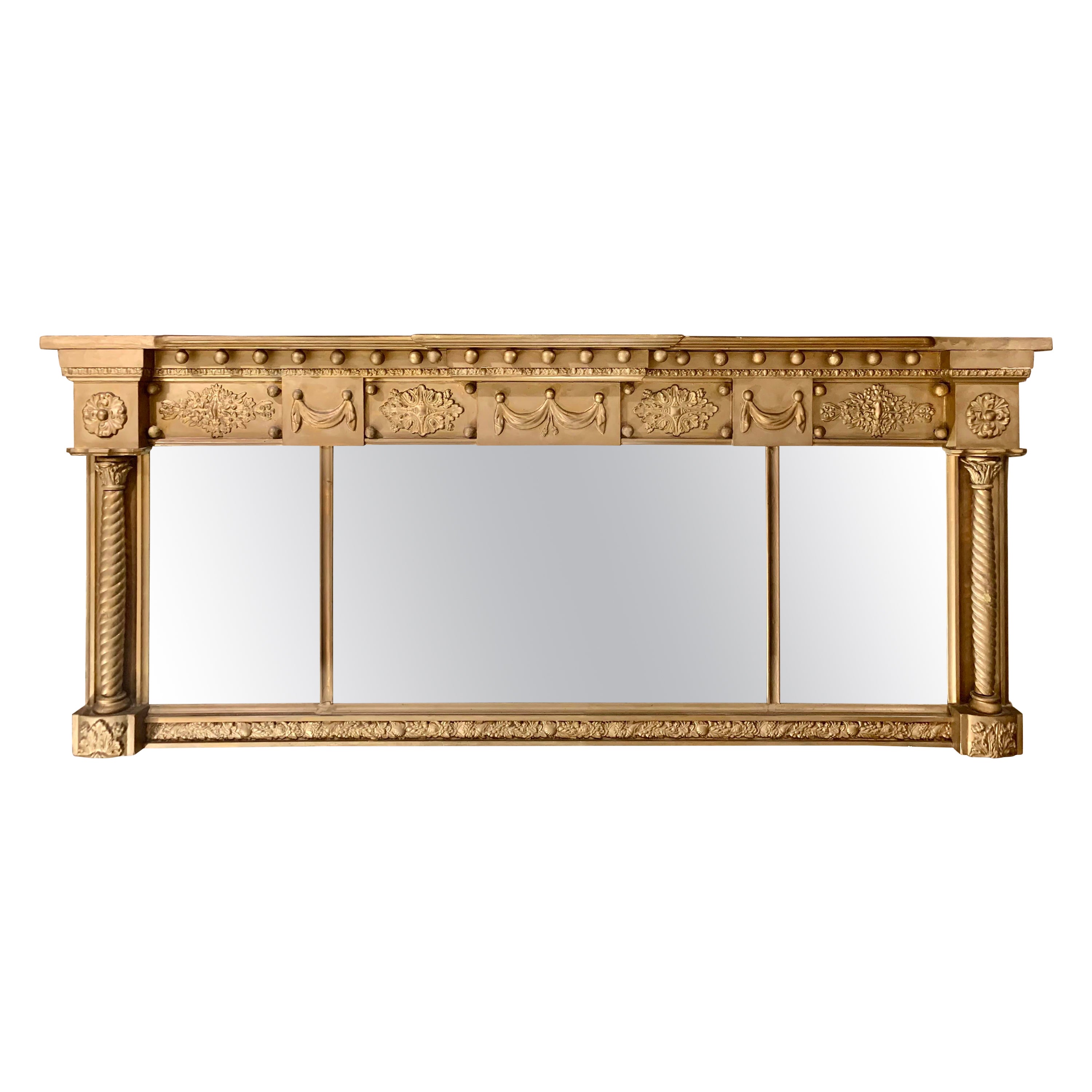 English Adam Neoclassical Triple Panel Overmantel Mirror For Sale