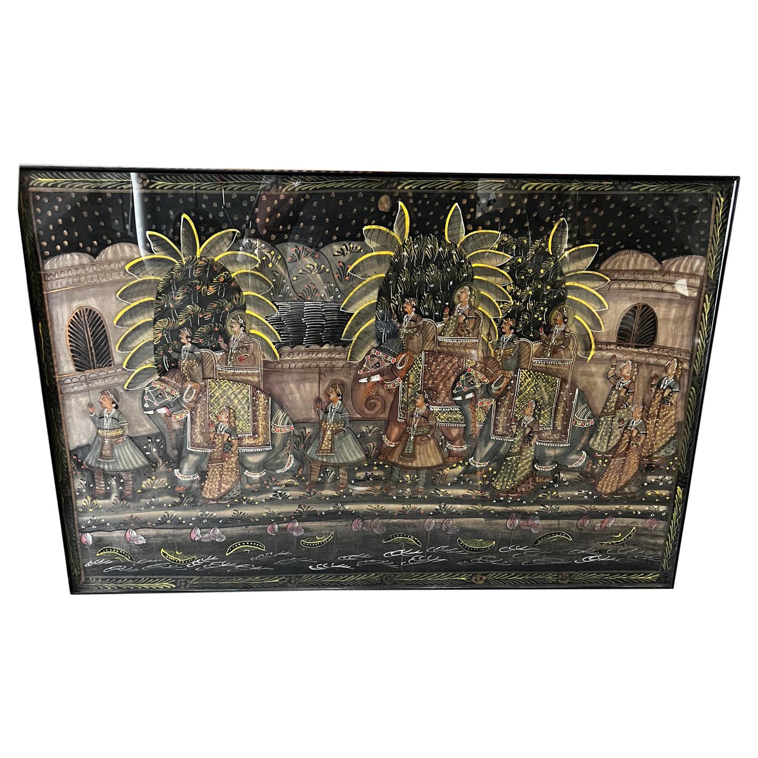 1950s India Silk Batik Artwork Regal Procession Elephant Pageantry