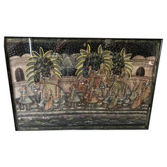 Vintage 1950s India Silk Batik Artwork Regal Procession Elephant Pageantry