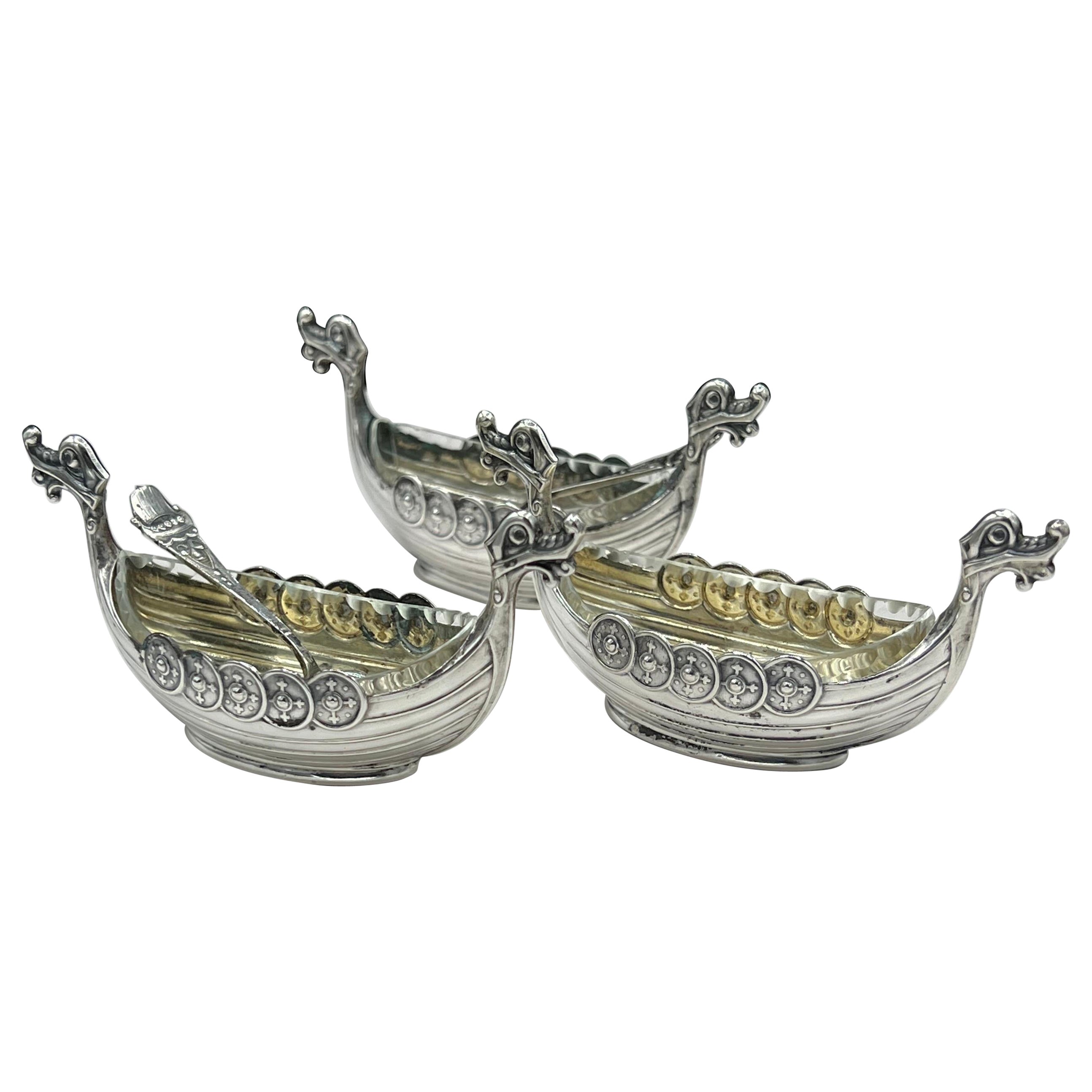 Set of 3 Viking Ship Silver Salts, 2 Spoon 3 Cut Glass Inserts