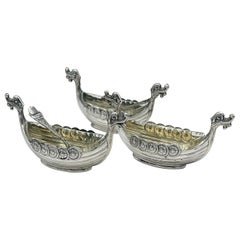 Vintage Set of 3 Viking Ship Silver Salts, 2 Spoon 3 Cut Glass Inserts