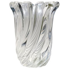 Seguso Murano Signed Crystal Clear Ribbed Surface Italian Art Glass Flower Vase