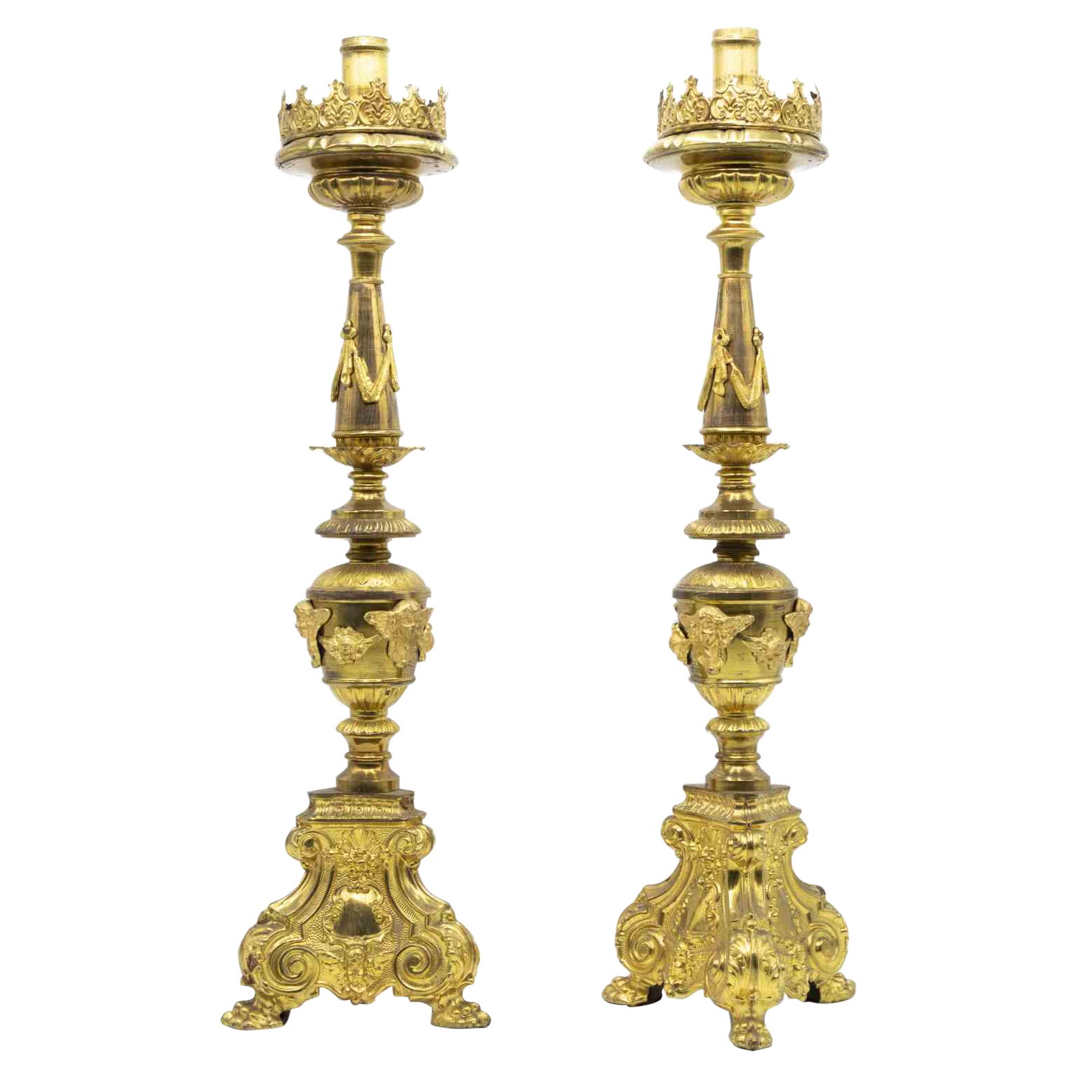 Vintage Pair of Candlesticks, Italian Baroque Style, 19th Century For Sale