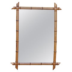 French 1920s Rectangular Faux Bamboo Walnut Mirror with Brown Patina