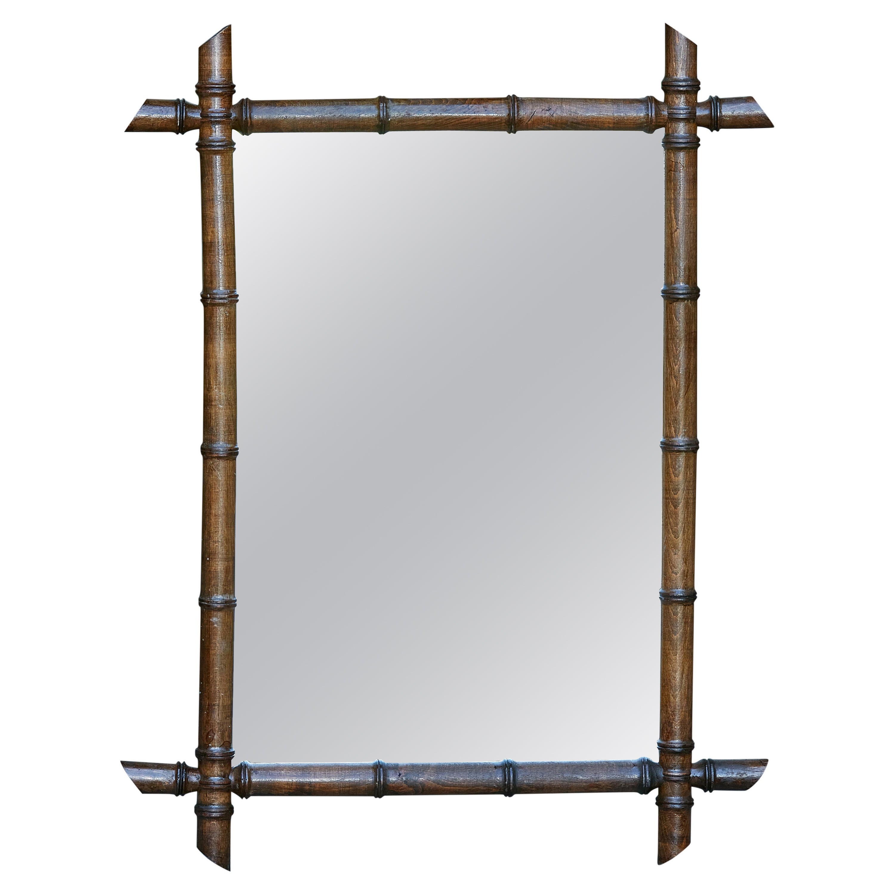 French 1920s Rectangular Faux Bamboo Walnut Mirror with Brown Patina For Sale