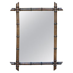 French 1920s Rectangular Faux Bamboo Walnut Mirror with Brown Patina