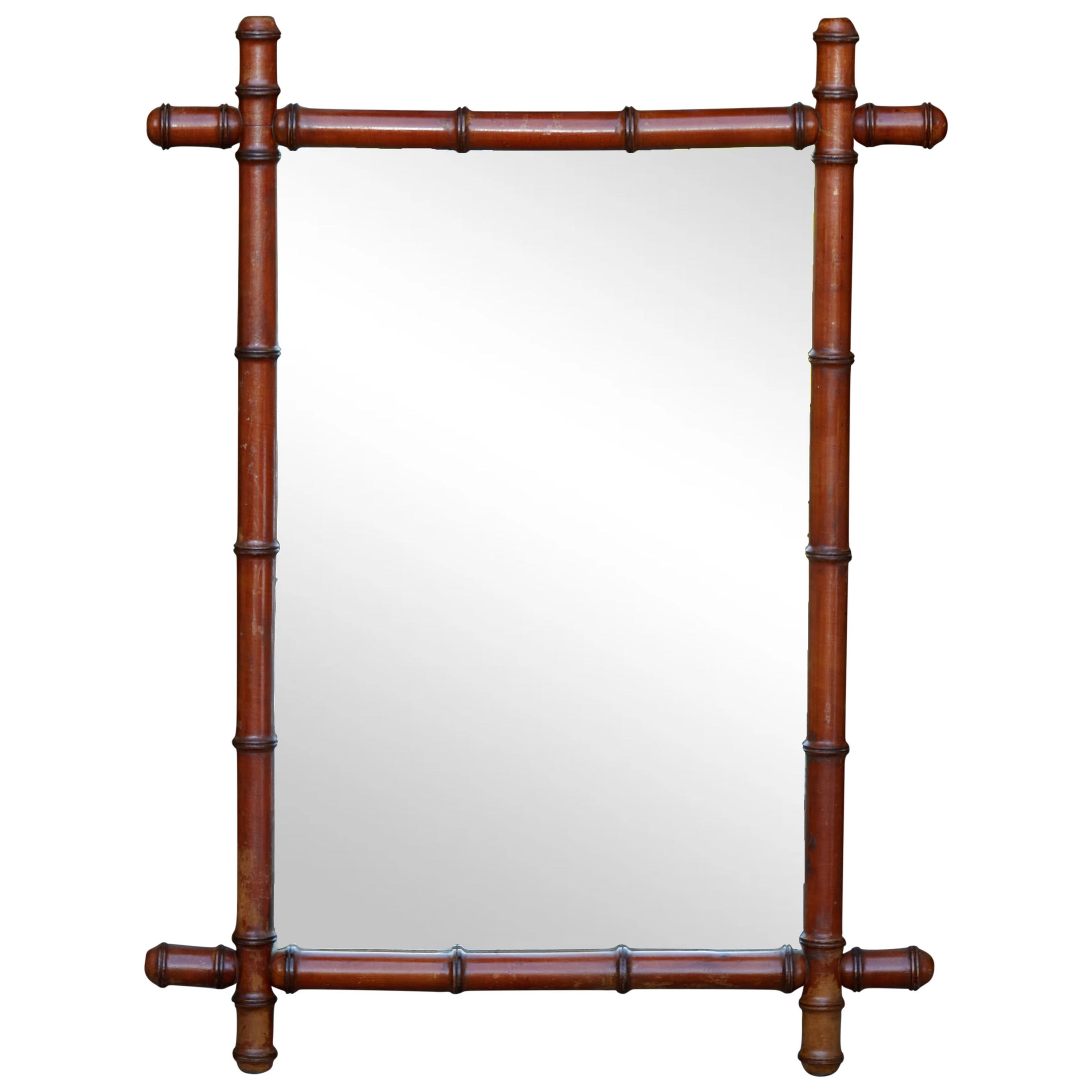 French 1920s Brown Faux-Bamboo Walnut Mirror with Intersecting Corners