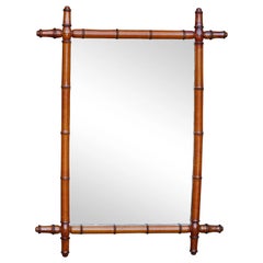 Antique Rustic French 1920s Walnut Faux-Bamboo Mirror with Honey Brown Color