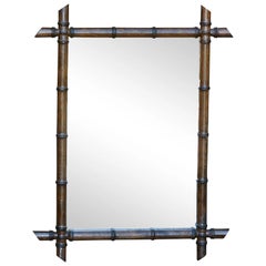 French 1920s Walnut Faux Bamboo Mirror with Slanted Accents and Brown Patina