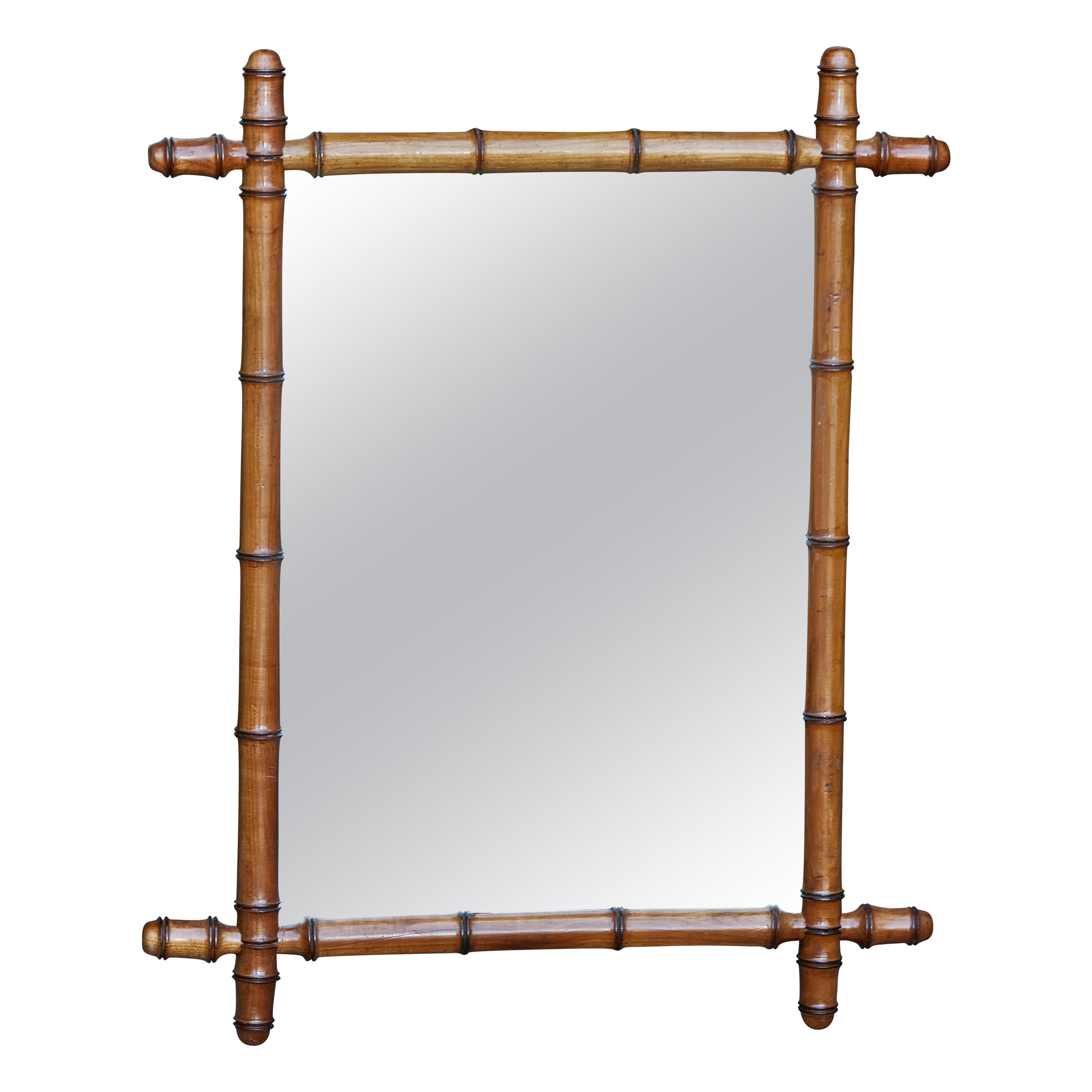 Small Rustic Faux-Bamboo 1920s French Walnut Mirror with Intersecting Corners For Sale