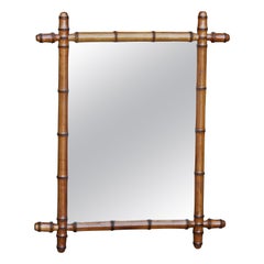 Antique Small Rustic Faux-Bamboo 1920s French Walnut Mirror with Intersecting Corners