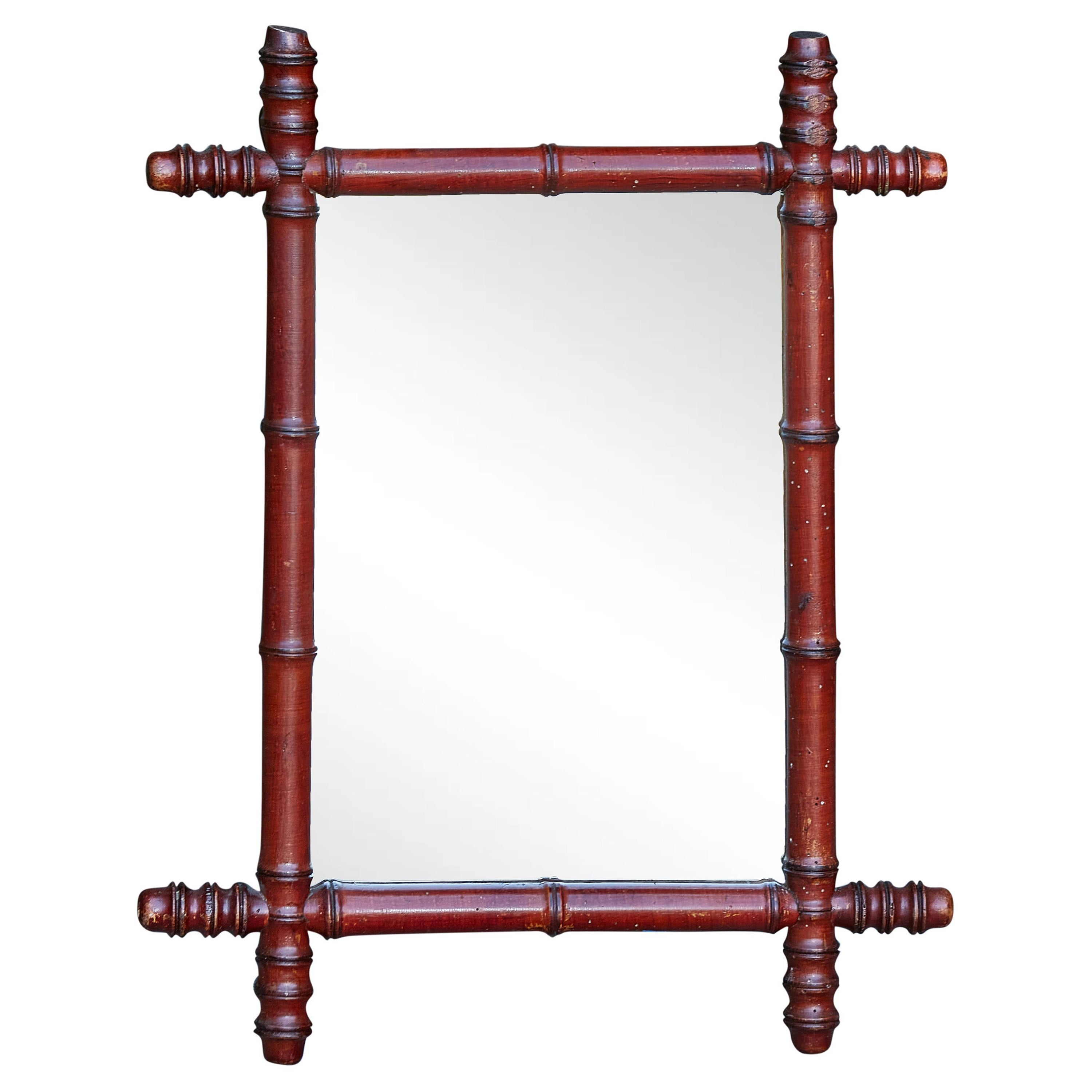 Walnut 1920s French Faux-Bamboo Small Mirror with Brown Color and Reeded Accents