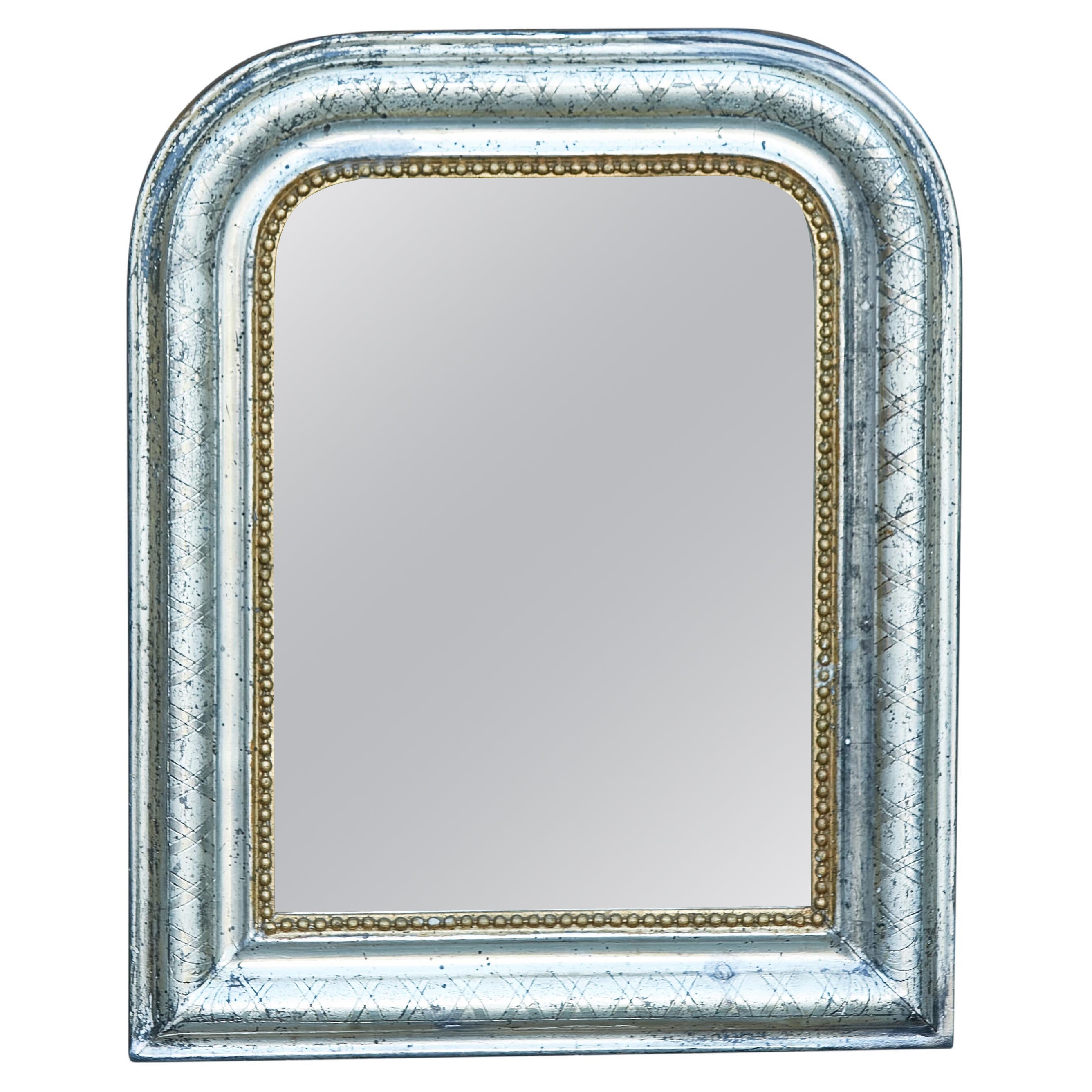French Louis-Philippe 19th Century Silver Mirror with Carved Gilded Beads