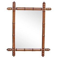 French 1920s Brown Walnut Faux-Bamboo Mirror with Intersecting Corners