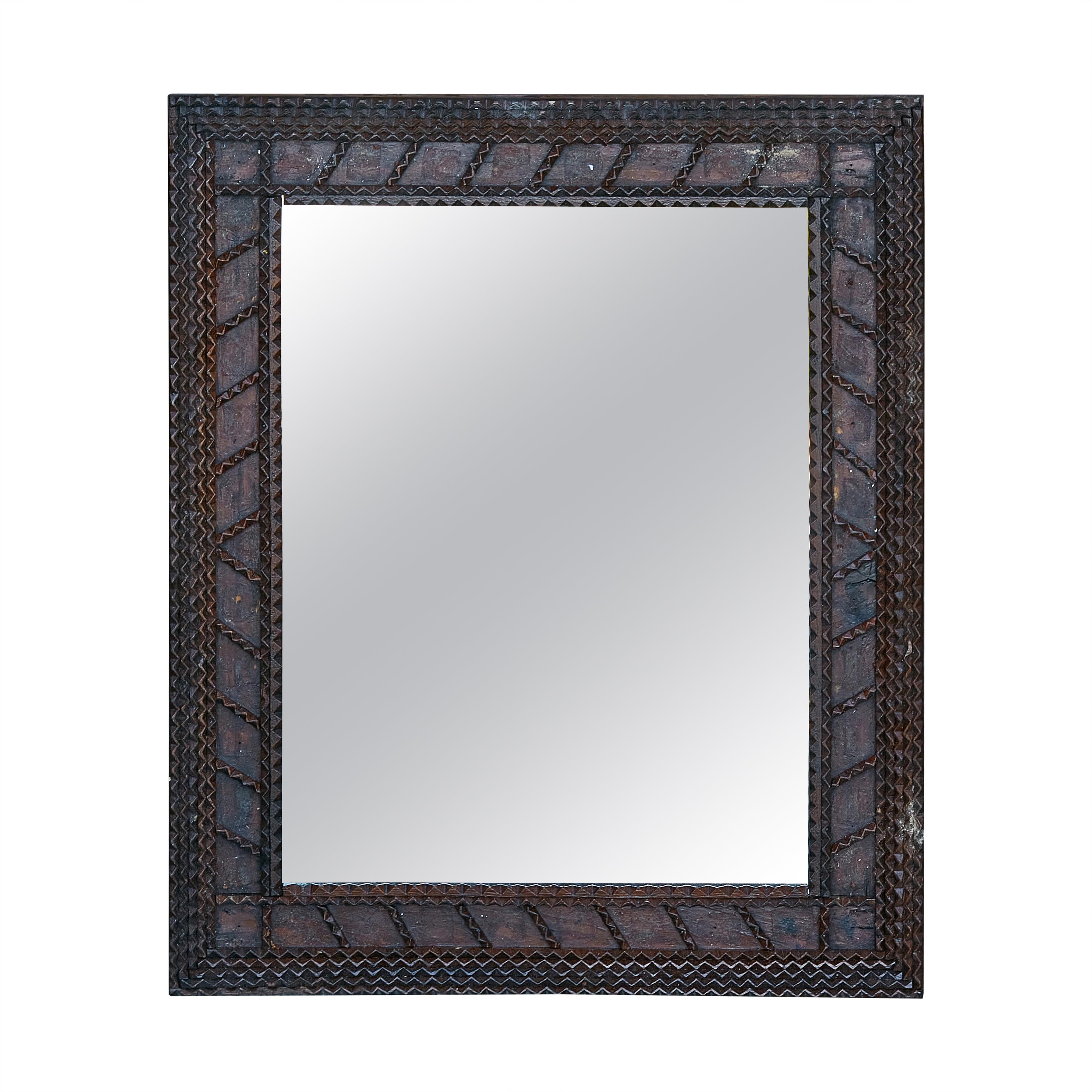Small French Tramp Art Turn of the Century Mirror with Wavy Patterns, circa 1900 For Sale