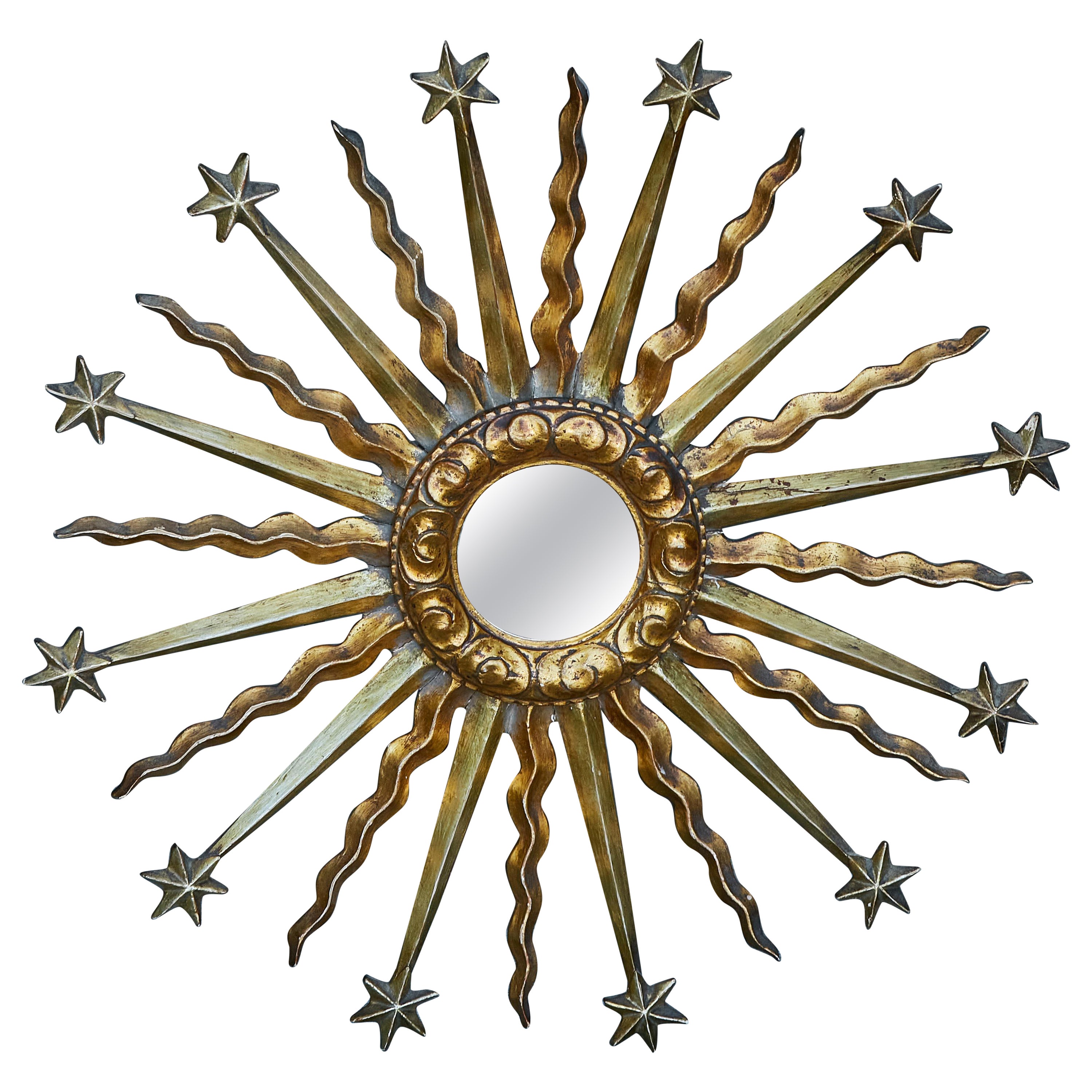Midcentury French Giltwood Sunburst Mirror with Star and Cloud Motifs For Sale
