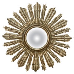 Vintage French Midcentury Giltwood Sunburst Mirror with Convex Mirror Plate