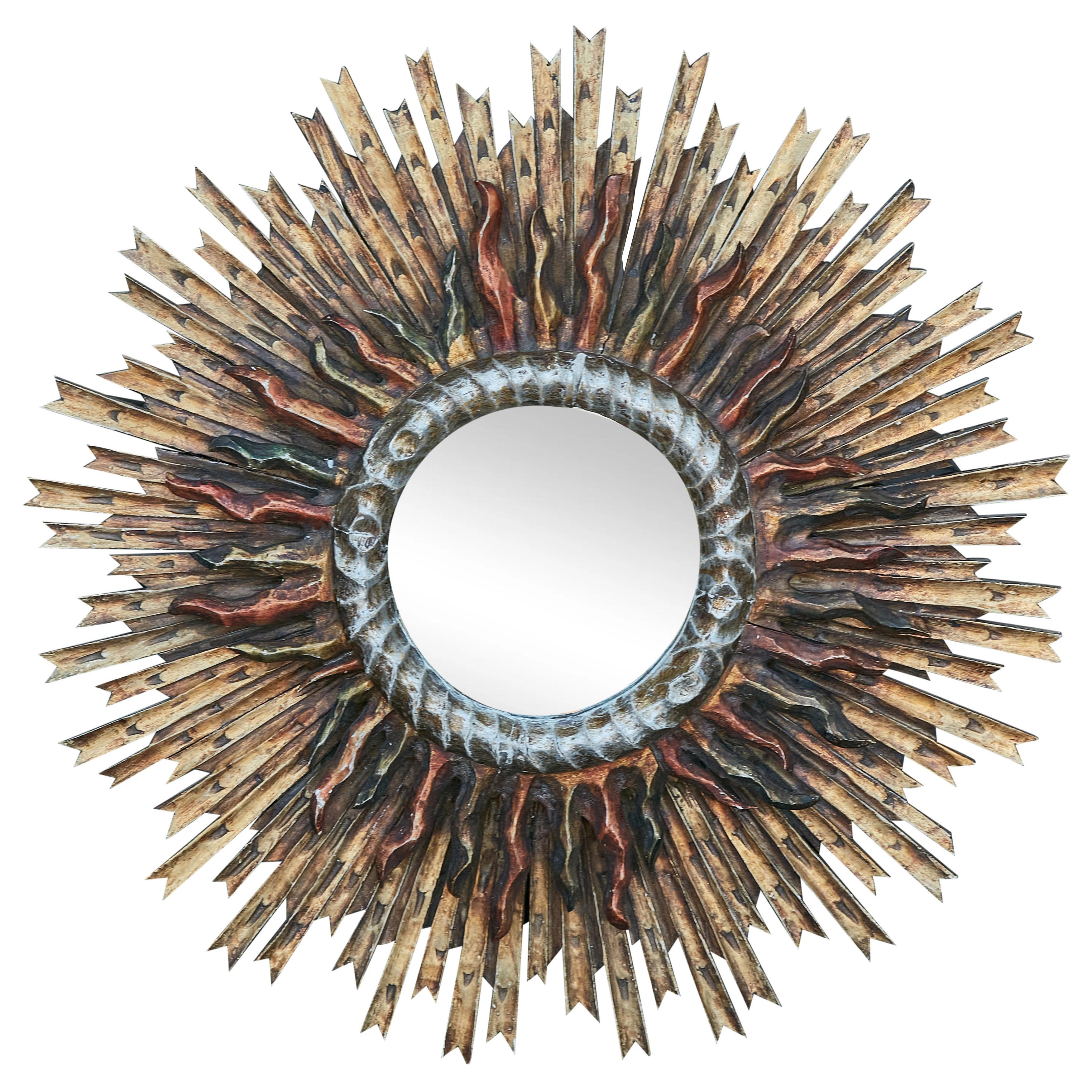 French Giltwood Midcentury Two-Layer Sunburst Mirror with Polychrome Accents For Sale