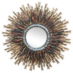French Giltwood Midcentury Two-Layer Sunburst Mirror with Polychrome Accents