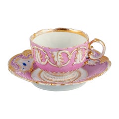 Antique Meissen Coffee Cup, Hand Painted in Pink and Gold Decoration