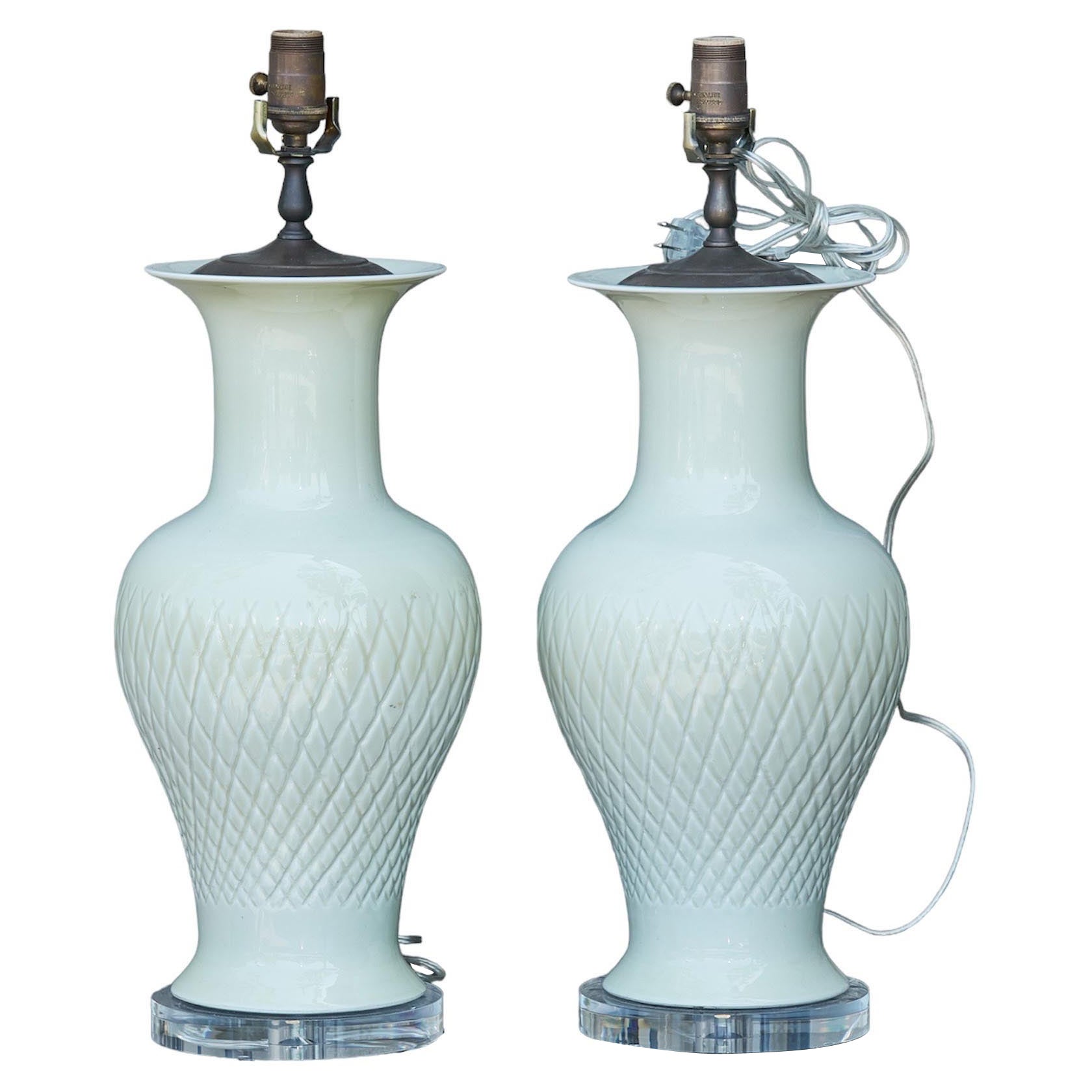 Pair of Asian Celadon Table Lamps with Custom Lucite Bases, Wired for the US