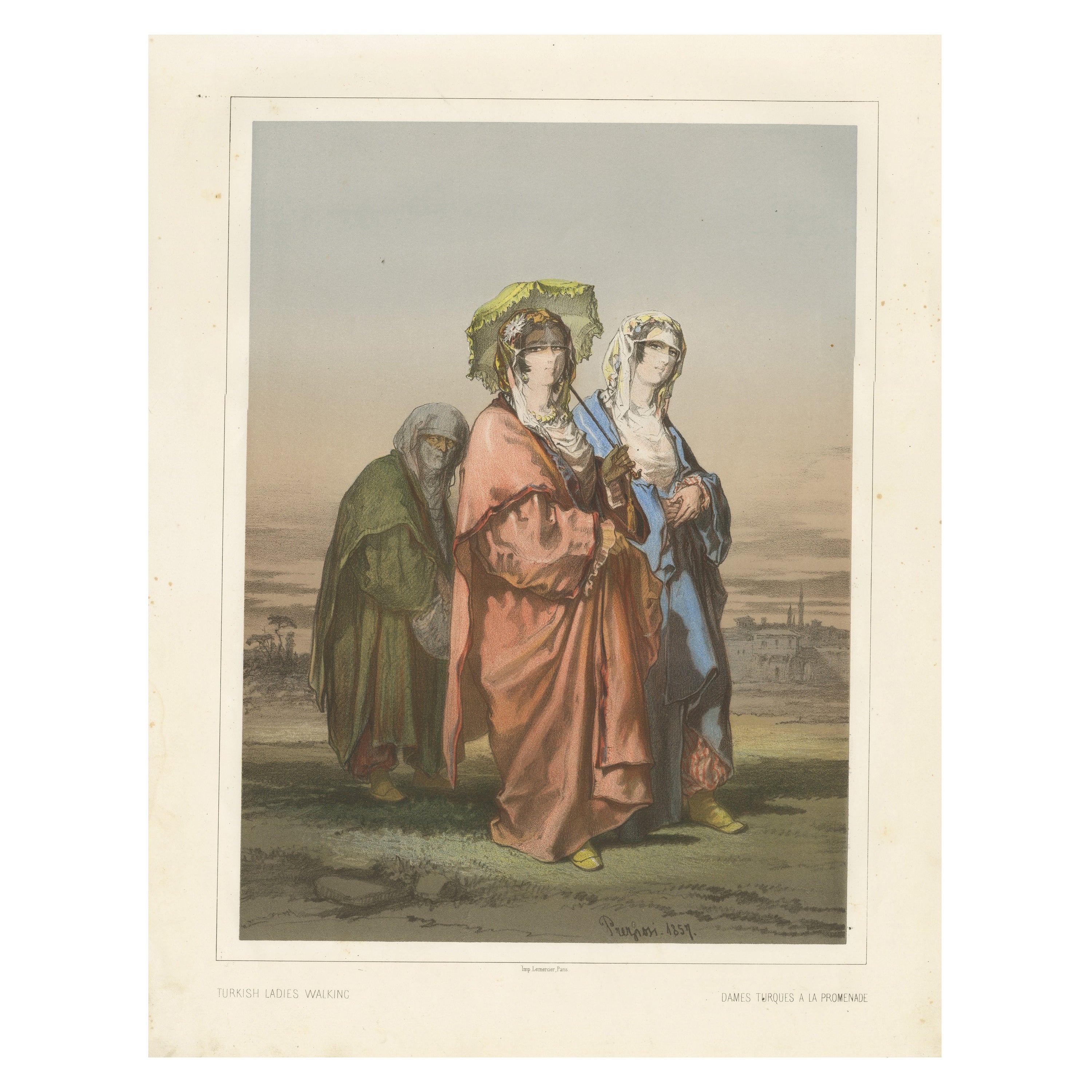 Antique Chromolithographed Print of Turkish Ladies Walking For Sale