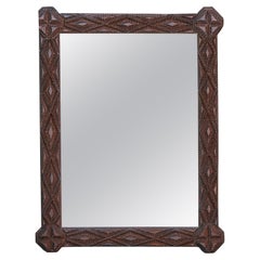 French Tramp Art Turn of the Century Hand Carved Mirror with Octagonal Corners