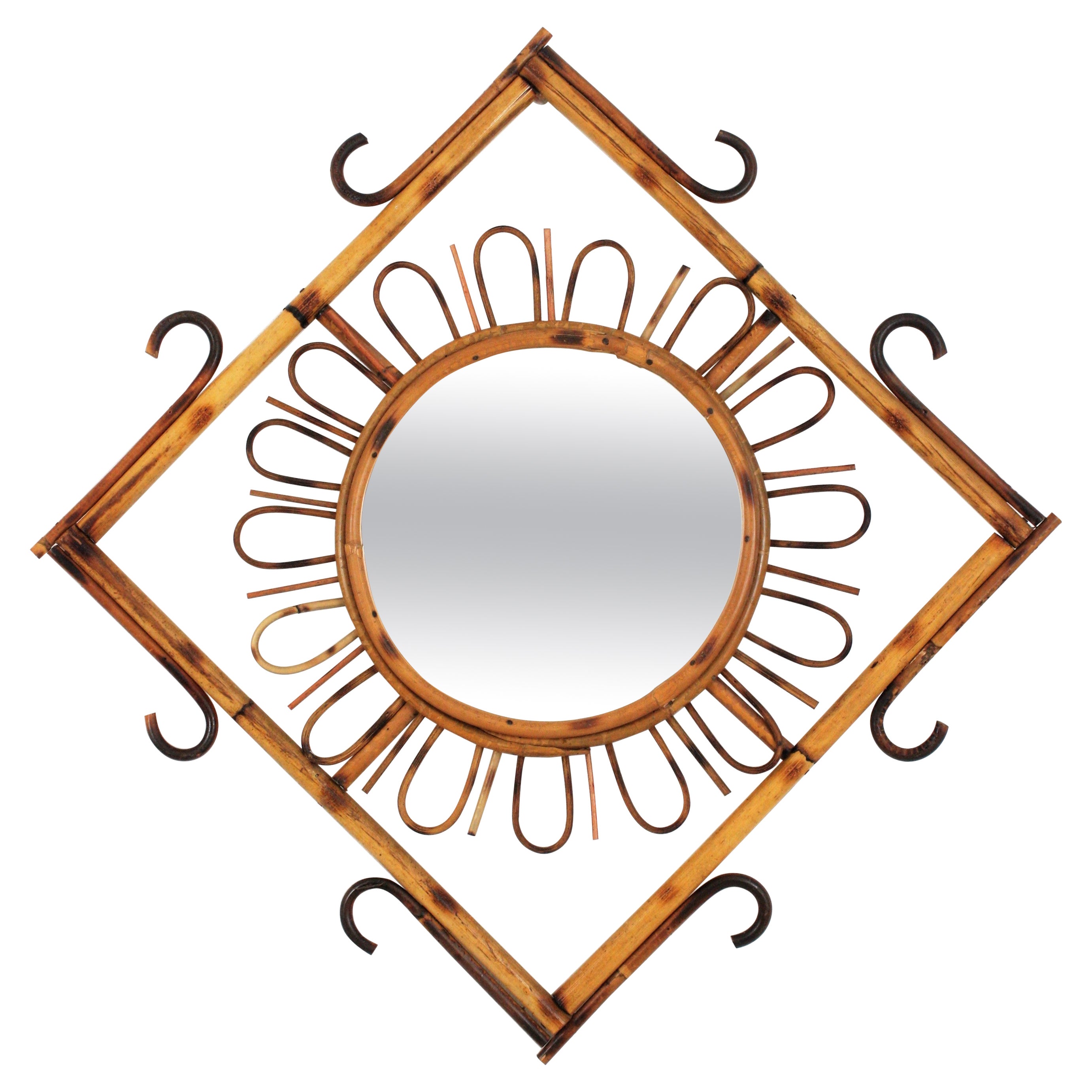 Rattan Sunburst Rhombus Mirror, 1960s
