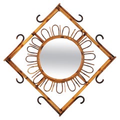 Rattan Sunburst Rhombus Mirror, 1960s