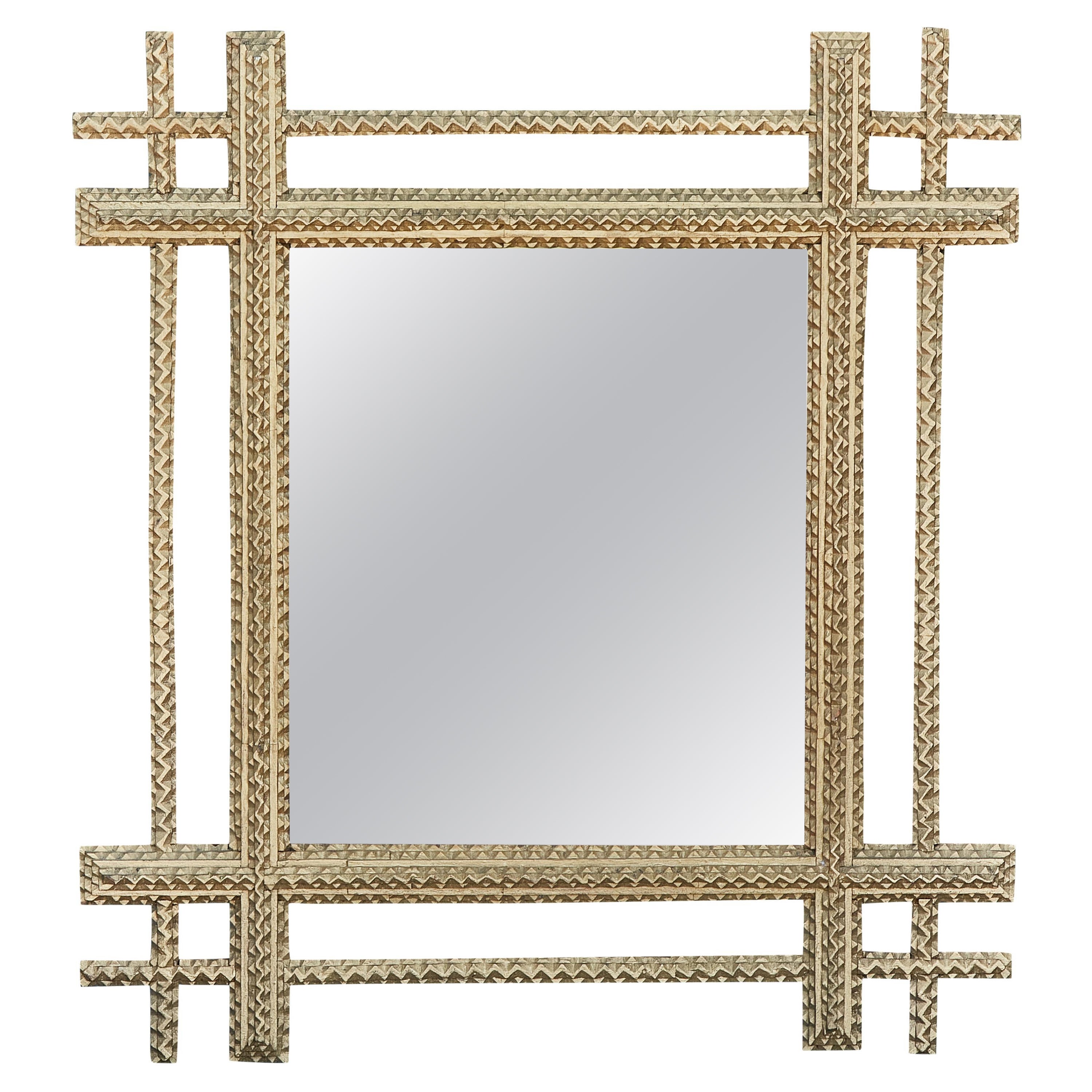 Tramp Art Vergoldeter Spiegel mit handgeschnitztem Rahmen, um 1920