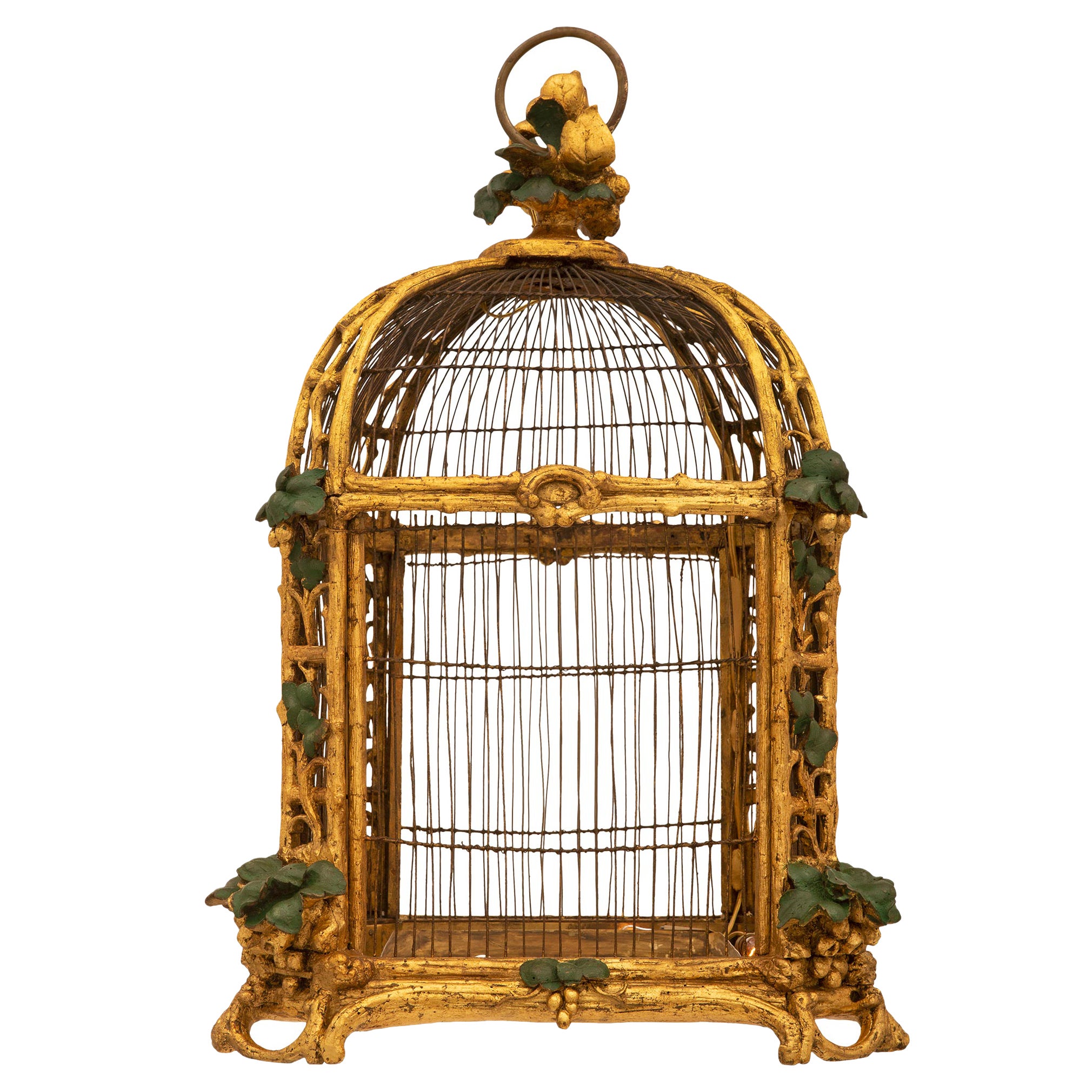 Lustre baroque italien du 18ème siècle en bois doré et cage à oiseaux polychrome