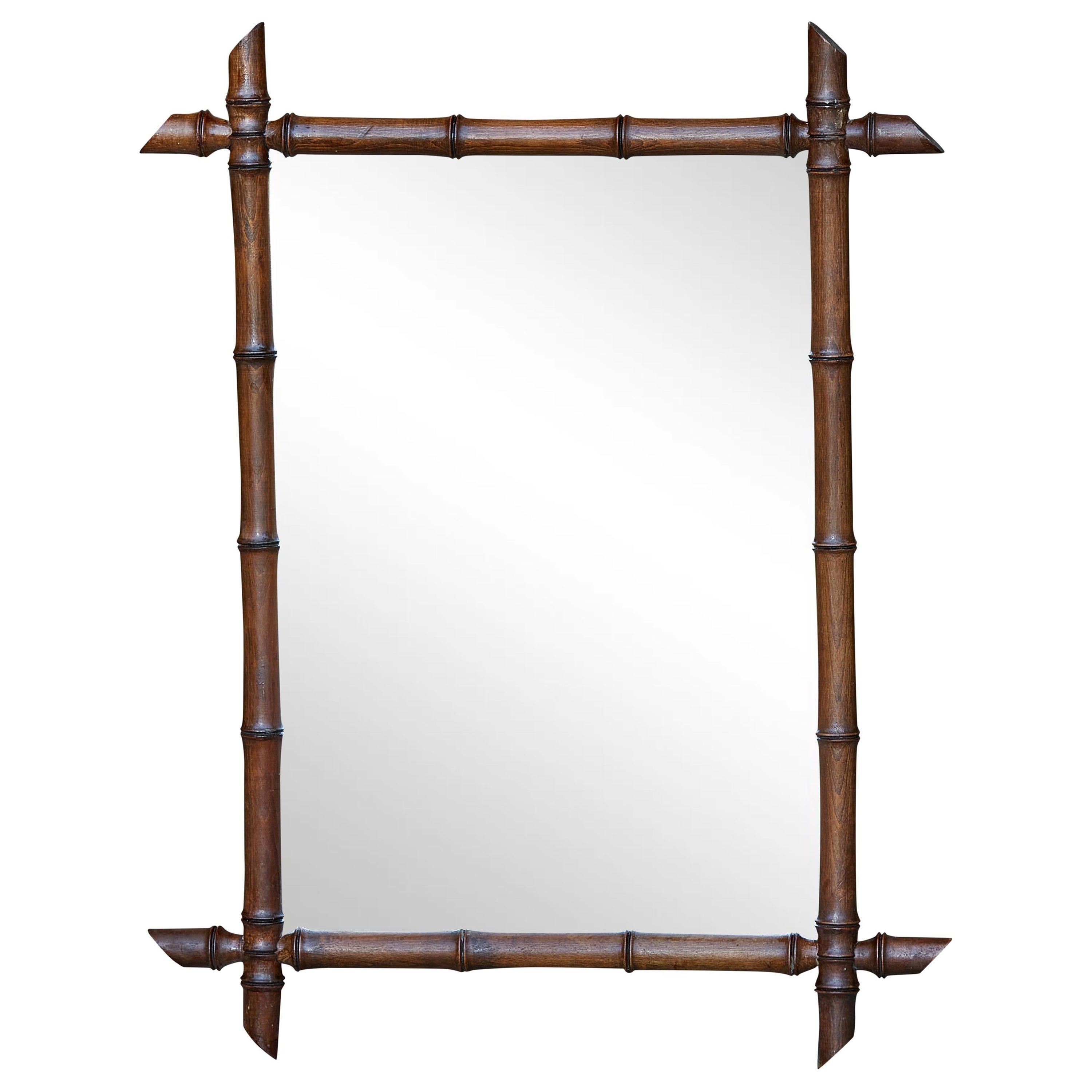 French Faux-Bamboo Turn of the Century Mirror with Dark Brown Patina, circa 1900