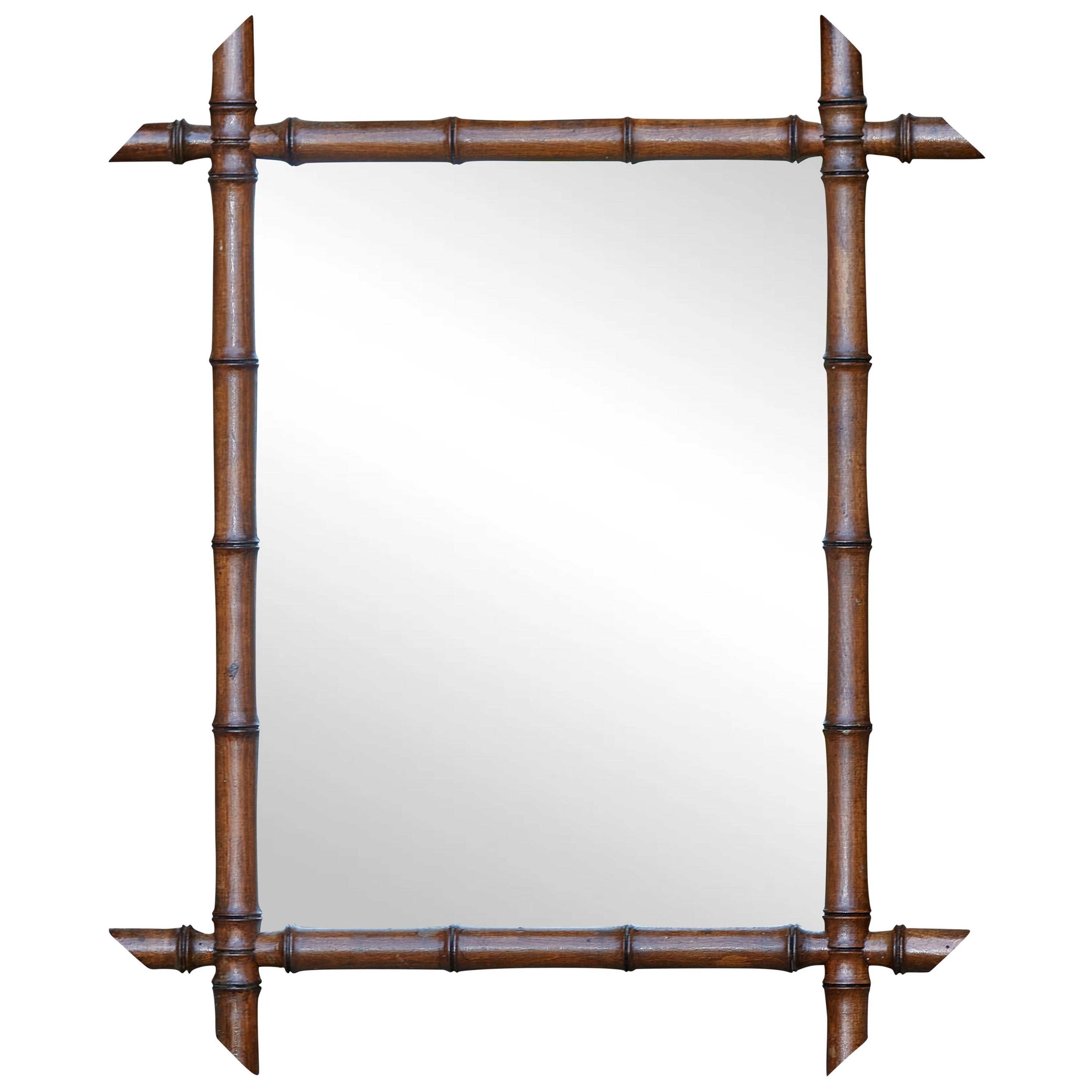 French 1900s Turn of the Century Faux-Bamboo Mirror with Slanted Accents For Sale