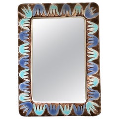Miroir suédois en céramique peint à la main avec des motifs en plomb, bleu et Brown, années 1960